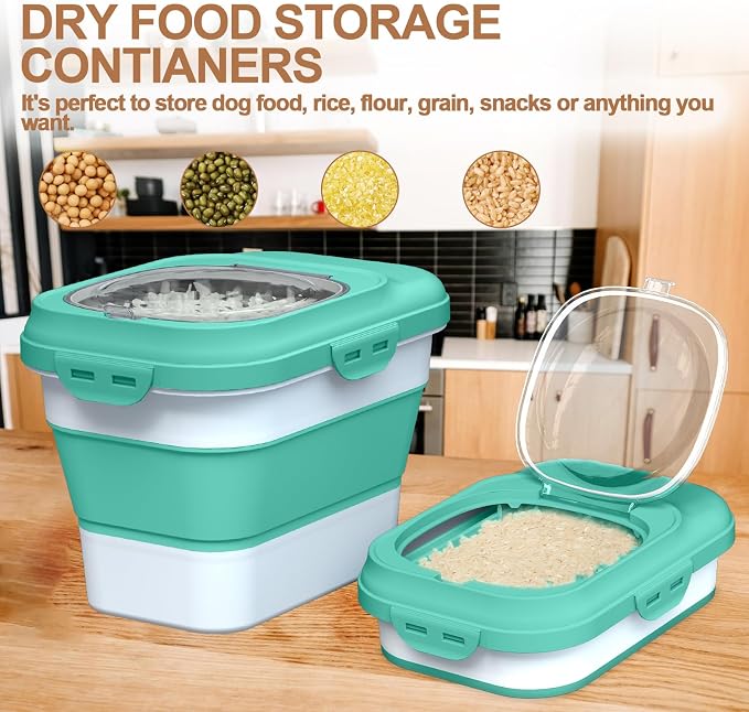 TIOVERY Dog Food Storage Container, 10lb to 13lb Collapsible Dog Cat Food Containers with Airtight Clear Flip-top and Pet Food Scoop, Pet Food Storage Container Bin for Dog Cat Bird Other Pets (Green)