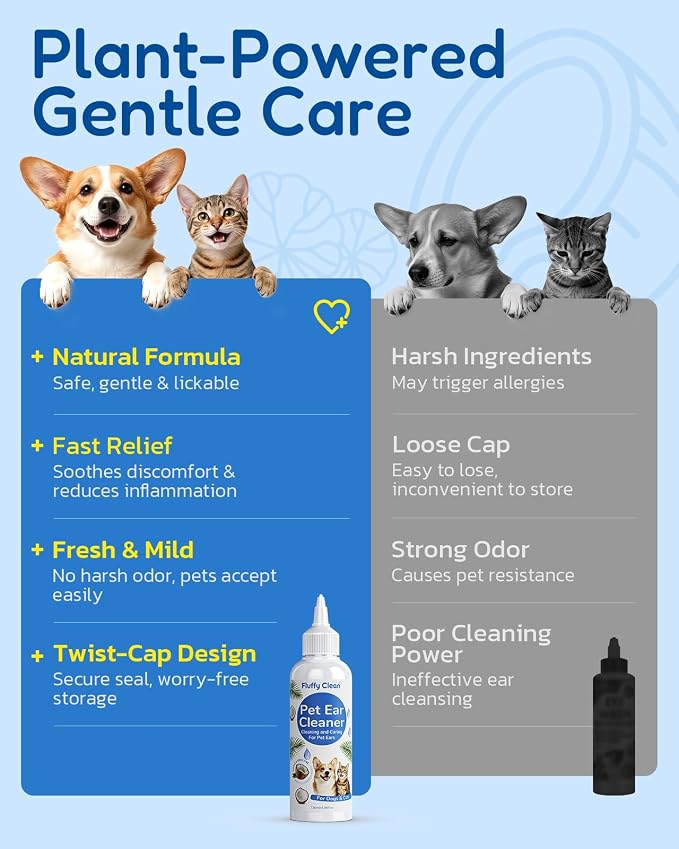 Dog Ear Cleaner - Pet Ear Wash, Flush and Drop Cleaner Solution for Cat & Dog Infection and Itch Relief, Gently Removes Debris, Wax Buildup, Odor - 4 fl oz