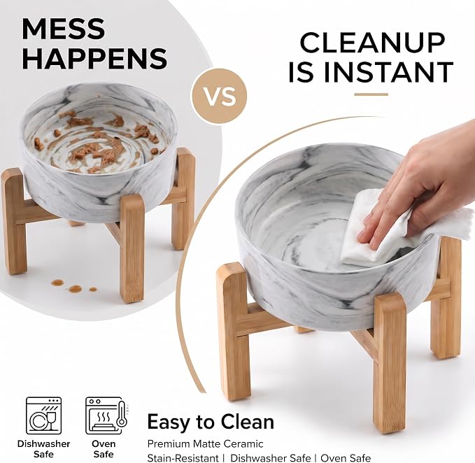 hjn Elevated Ceramic Dog Bowl 15°Slanted Raised Dog Bowl with Bamboo Stand for Small Medium Dogs and Cats, Pet Feeder -3.6-Cup (850ml)-Marble Gray