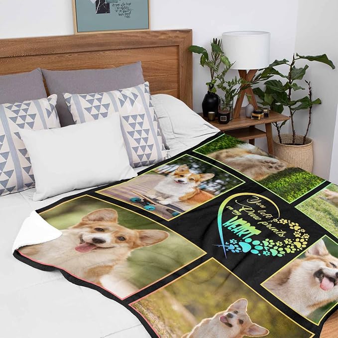 Custom Memorial Fleece Blanket with Dog Cat Photo You Left Paw Prints in My Heart Blanket Personalized Pet Sympathy Remembrance Gift for Kids Family Friends 30X40 Inch