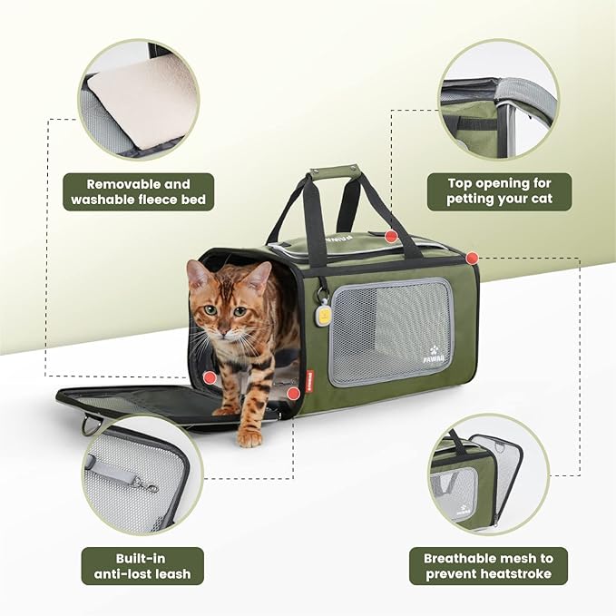 Pawaii Cat Carrier Airline Approved Expandable Breathable Safety Leash | Up to 13 lbs, 16.9 x 10.6 x 10.6 in, QR pet ID tag, top entry, luggage sleeve, soft fleece pad, foldable storage