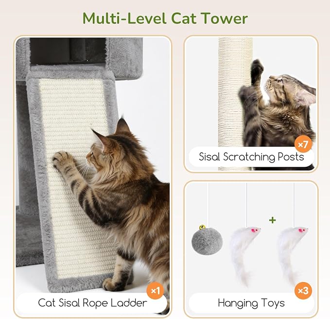 Globlazer F83C Pro Max Heavy Duty Maine Coon Cat Tree, 83in Tall Tower | Easy Assembly, Large Cats, 2 Condos, 3 Hanging Baskets, 2 Perches, 7 Sisal Scratching Posts, Anti-Topple Strap, Light Grey