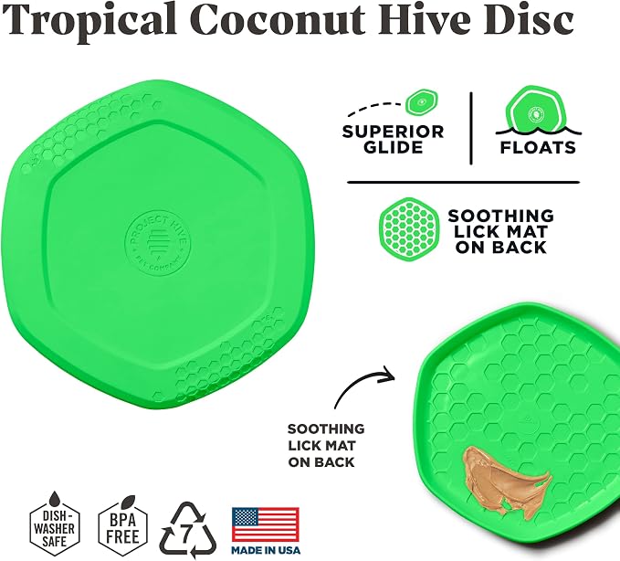 PROJECT HIVE ·PET COMPANY· Dog disc - Great for Fetch - Includes a Lick mat on Back - Floats in Water, Smooth Glide - Made in The USA (Tropical Coconut)
