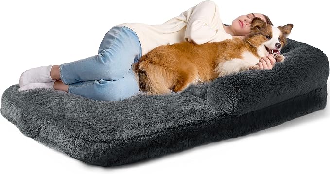 EHEYCIGA Foldable XXL Dog Bed for Large Sized Dog, 54"x38"x7.5" Faux Fur Fluffy Pet Couch Bed, Orthopedic Calming Memory Foam Big Pet Bed, Washable Pet Sofa Bed with Non-Slip Bottom, Dark Grey