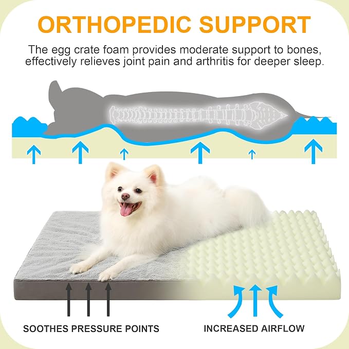 KSIIA Orthopedic Dog Bed, Deluxe Plush Waterproof, 29 x 18 Inch, Gray, 3-Inch Thick High-Density Egg Crate Foam, Removable Cover, Machine Washable | Deluxe Soft Plush Dog Crate Bed, Machine Washable Pet Mat with 3-Inch Thick High-Density Egg Crate Foam...