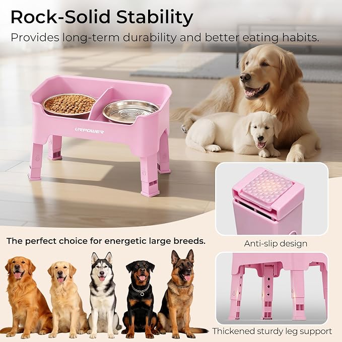 URPOWER Mess Proof Elevated Dog Bowls 4 Height Adjustable Raised Bowl Stand with 2 Stainless Steel Dog Bowls Non-Slip Food and Water Bowl Set for Small, Medium, Large Dogs, Pink