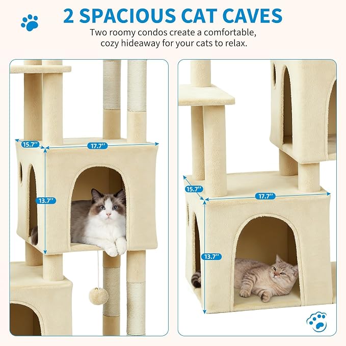 61" Large Cat Tree Tower for Indoor Cats, Heavy-Duty Multi-Level Cat Condo for Maine Coon & Big Cats with Extra-Large Perch, 2 Spacious Houses, Sisal Scratching Posts & Hanging Toys - Beige