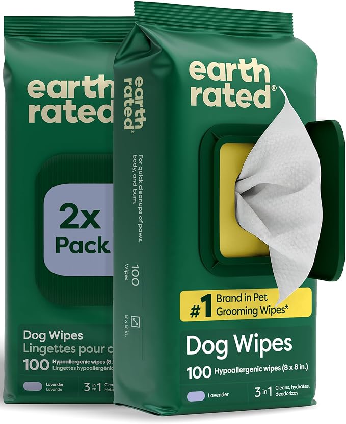Earth Rated Dog Wipes for Paws & Butt, Deodorizing, Lavender, 200ct | Hypoallergenic, 3-in-1 Cleaning and Hydrating, for Grooming Paws, Body and Butt