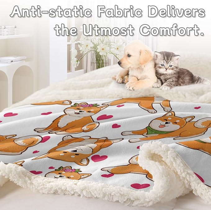 BlessLiving Cute Watercolor Dogs Pattern Fleece Blanket Shiba Inu Puppy Sherpa Reversible Throw Animal Print Plush Blanket (Queen, 90 x 90 Inches)
