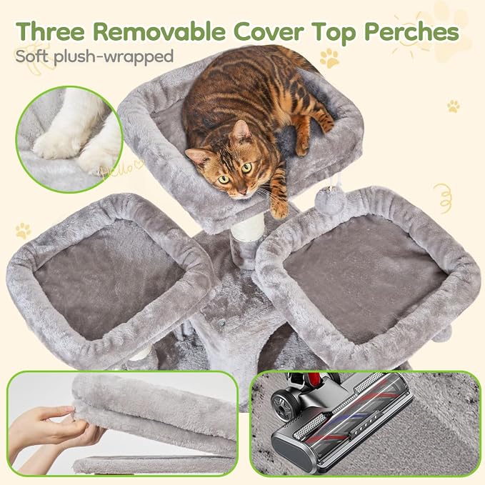 Taoqimiao Cat Tree for Large Cats, 76.8 Inches XL Cat Tower for Indoor Cats | 2 Scratch Boards, 3 Top Perches, 9 Scratching Posts, Multi-Level Cat Tree with 2 Condos, 2 Cozy Basket, Light Gray, T20W