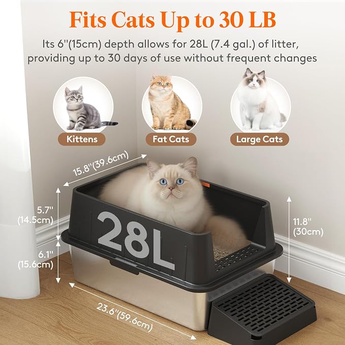 Lifewit Stainless Steel Litter Box for Kitty, Large Metal Cat Litter Tray with Non-Slip Pads, Anti-Leakage Top Entry and High Sided, Easy to Clean, 23.8" L×16" W×6.9" H, Black