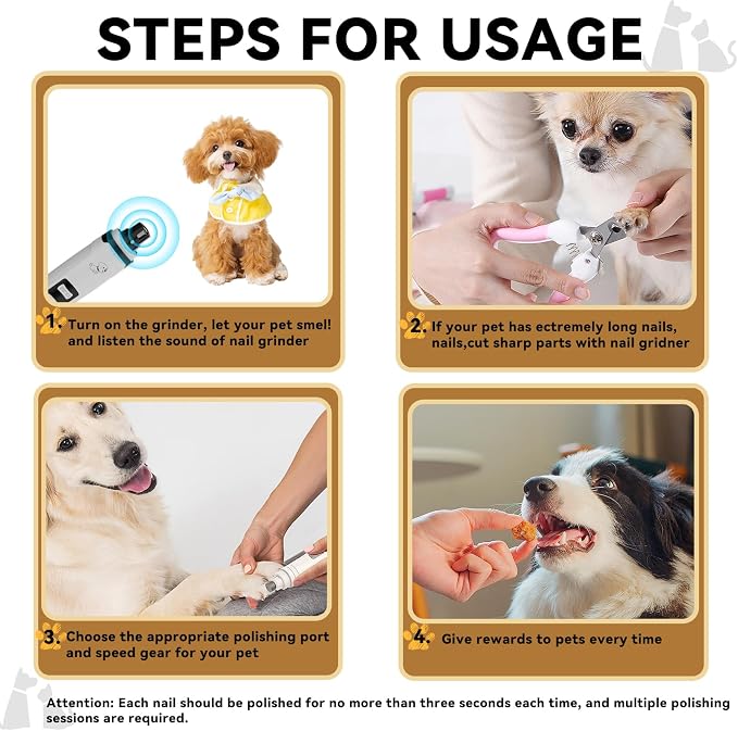 Silent Pet Nail Grinder for Dogs & Cats, 3 Grinding Heads | Professional 2-Speed Rechargeable Dog Nail Trimmer for Small/Medium Dogs & Cats, Painless Paw Grooming