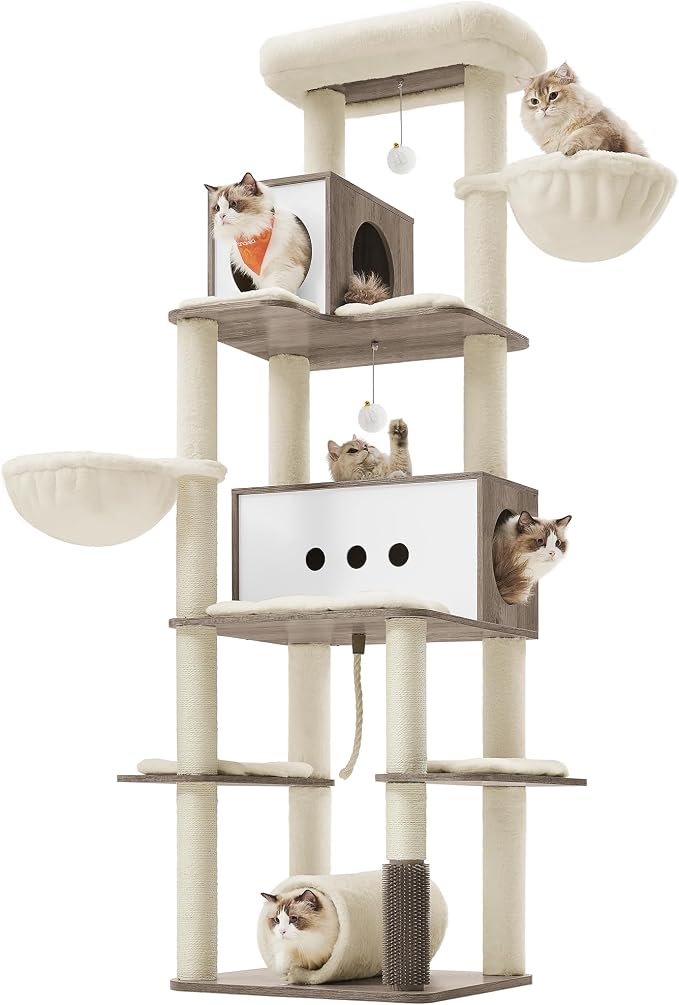 Feandrea Cat Tree, 75.6-Inch Modern Cat Tower, Tall Multi-Level Condo with 2 Caves, 2 Hammocks, 4 Scratching Posts, Self-Groomer, Tunnel, Perch, Heather Greige UPCT193G01 | Tall Cat Tower, 4 Scratching Posts, Self-Groomer, Tunnel, Perch, Heather Greige...