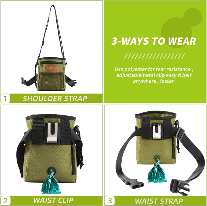 Dog Treat Training Pouch with Built-in Poop Bag Dispenser, Army Green | Easily Carries Pet Toys, Kibble, Treats, 3 Ways to Wear, Foldable Silicone Bowl, Quick One-Hand Access for Dog Walks & Hiking