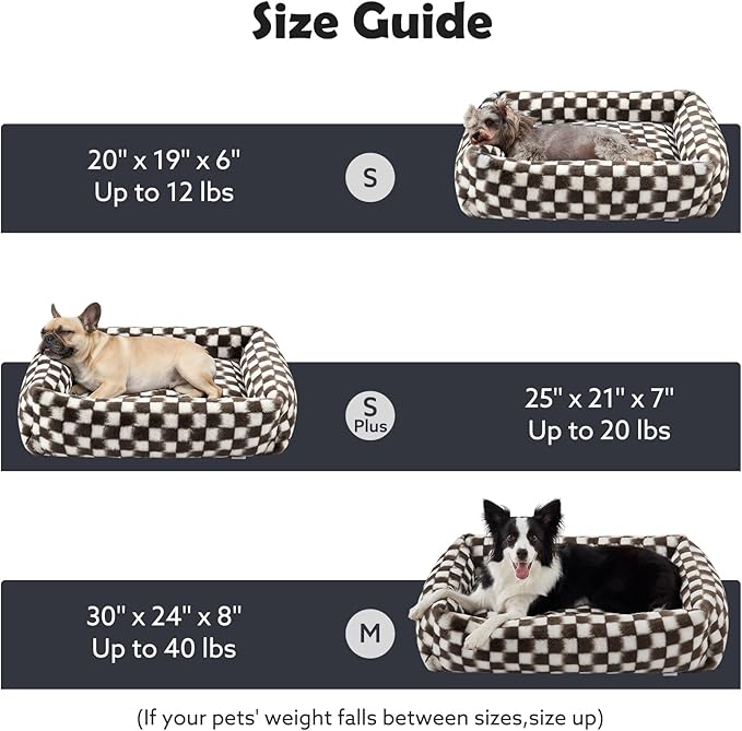 JOEJOY Dog Bed Medium Size Dog, Removable Washable Cover Orthopedic Soft Pet Bed, Anti-Slip Fluffy Plush Faux Rabbit Fur Puppy Bed, 30"x24"x8", Checkered, Brown