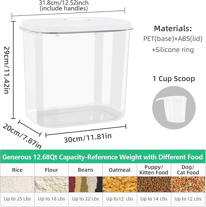 Airtight Rice Container 25 Lbs with Handle and Cup – 12.68Qt Large Flour Sugar Storage Container with Pop Up Seal & Hanging Lid Hooks, Clear Tall Food Storage Bin for Kitchen Pantry Organization