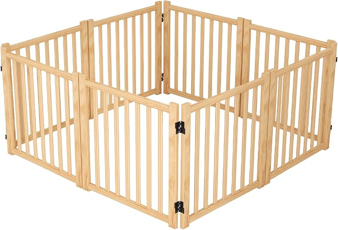 YOCAN Non-Painted Wooden Freestanding Dog Gate, Pet Gate for Indoor Use, Dog Fence for Doorways, Stairs & House, Step-Over Design, Easy to Install-8 Panel 23"