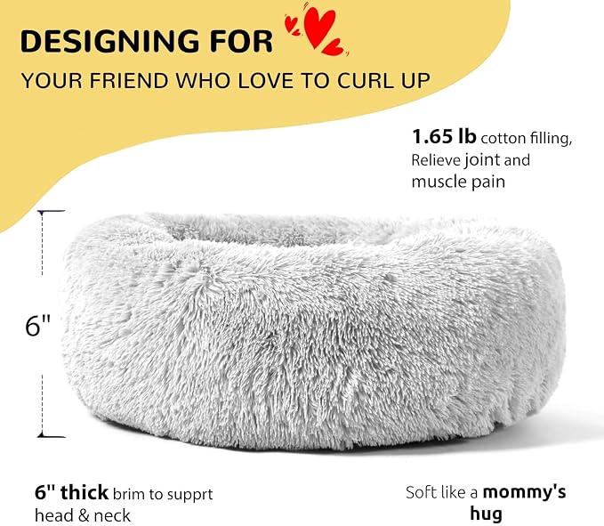 HACHIKITTY Calming Donut Cuddler Dog Bed, Round Fluffy Pet Bed for Small Dogs,Washable, Large, Gray, 24''