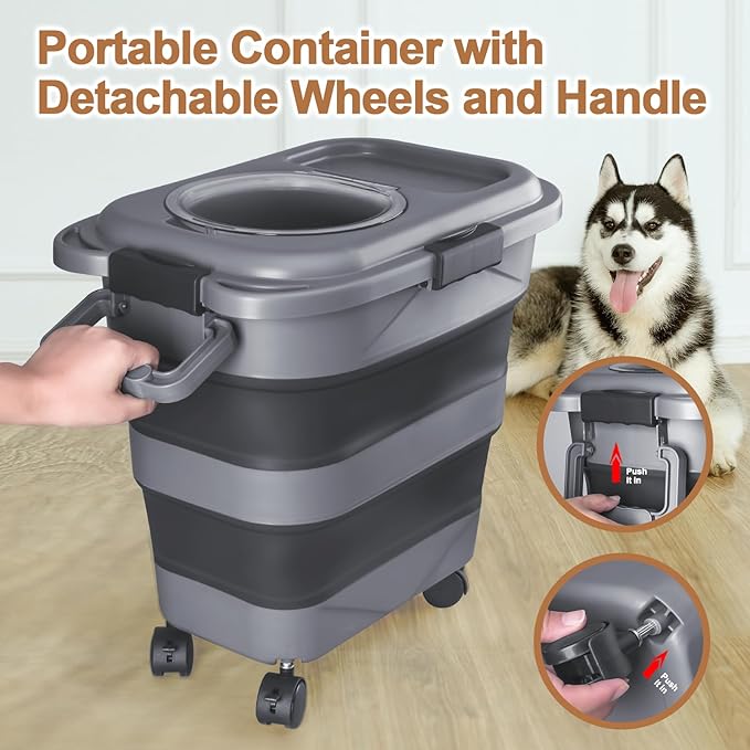 Dog Food Storage Container, 10-20 lbs Airtight Collapsible Cat Food Storage Container with Attachable Wheels, Portable Handle, Dog Food Scoop for Dog Cat Bird Pet Dry Food Storage Bin Dark Grey