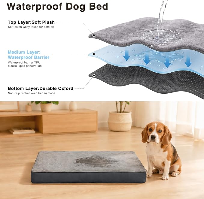 NUPIDA Waterproof Dog Bed for XXL Crate with Washable Cover, 47x29, Grey | TPU Waterproof Layer, Easy Clean Cover, Soft Plush Surface, Durable Oxford Fabric, Non-Slip Bottom, For Extra Large Breeds