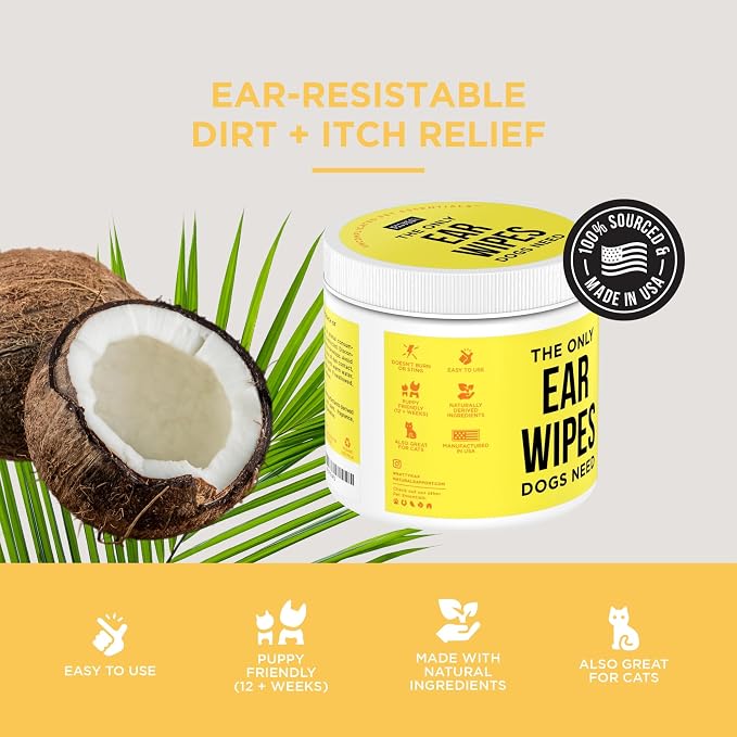 Dog Ear Cleaner Wipes, Gentle Wax & Debris Wash, 100 Ct | Gentle patented wipes & drops, safe for puppies - Cleans wax, dirt & odor - For all dogs and cats