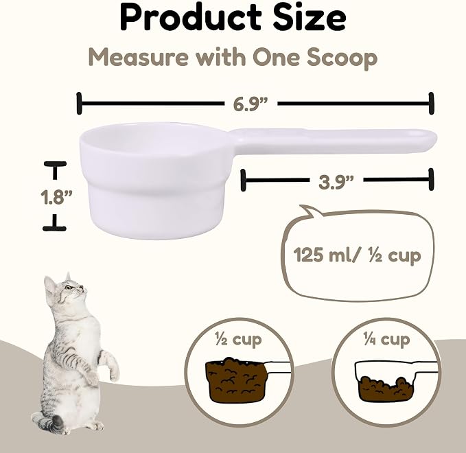 1/2 Cup Dog Food Scoop, Extra Long Handle Sturdy Melamine Pet Food Measuring Scoop with Clear Marking Lines, BPA-Free, Shatterproof, Dishwasher Safe (White, 1/2 Cup)