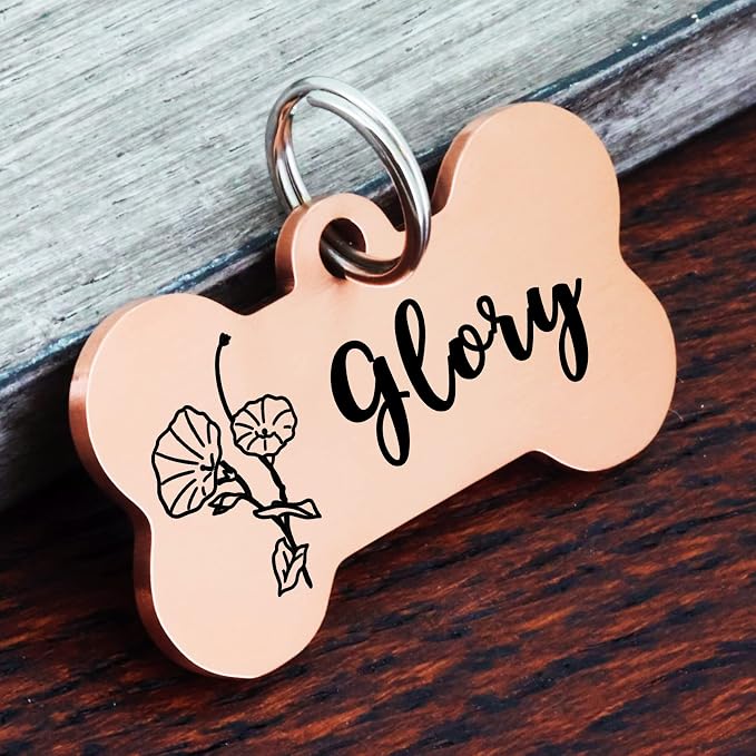 Ultra Joys Personalized Dog Tags for Pets - Durable Stainless Steel Customizable Dog Cat ID Tags - Dog Tags for Safety Optional Engraved on Both Sides -Birth Flower Dog Tag Small, Rose Gold