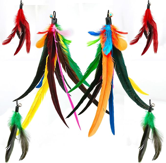 miwoowim Da Bird Feather Refill - 2 Extra-Large Natural Replacement Attachments(13.8inch) and 4 Feather Toys Refills(5.8inch) for Indoor Cats,Cat Wand Attachment (6PCS)