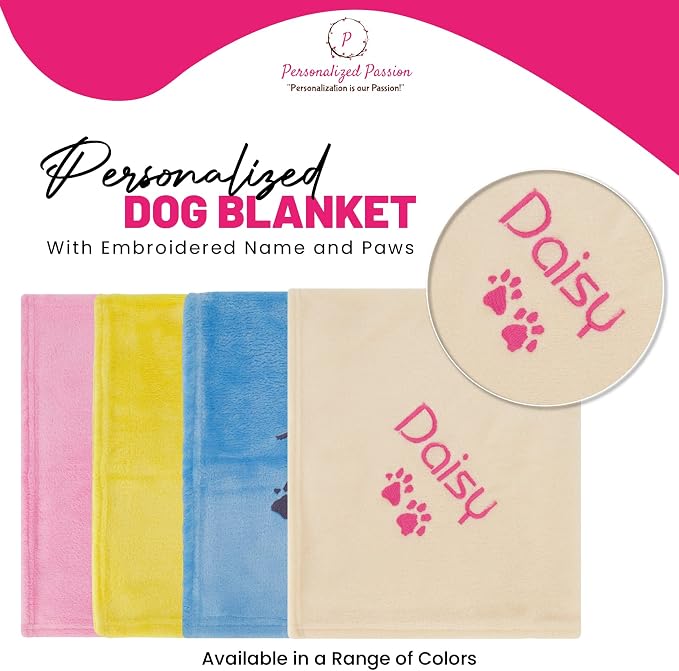 Personalized Passion Dog Blanket with Embroidered Name and Paws - Soft, Comfortable and Cozy for Couch, Bed, Car - Water Resistant Pet Fleece Blanket for Dogs and Cats - Cream - 28x40 Inches