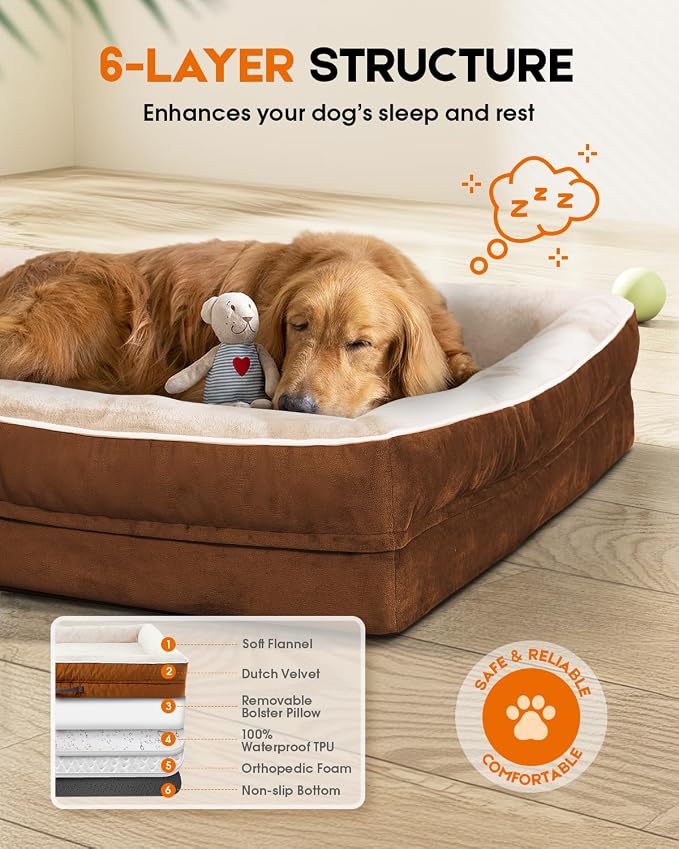 Upvilla Large Orthopedic Dog Bed, Four-Sided Cushioned Egg-Shaped Foam Dog Sofa, Waterproof Removable Cover, Pet Sofa Bed with Non-Slip Base, Large Pet Bed,Brown