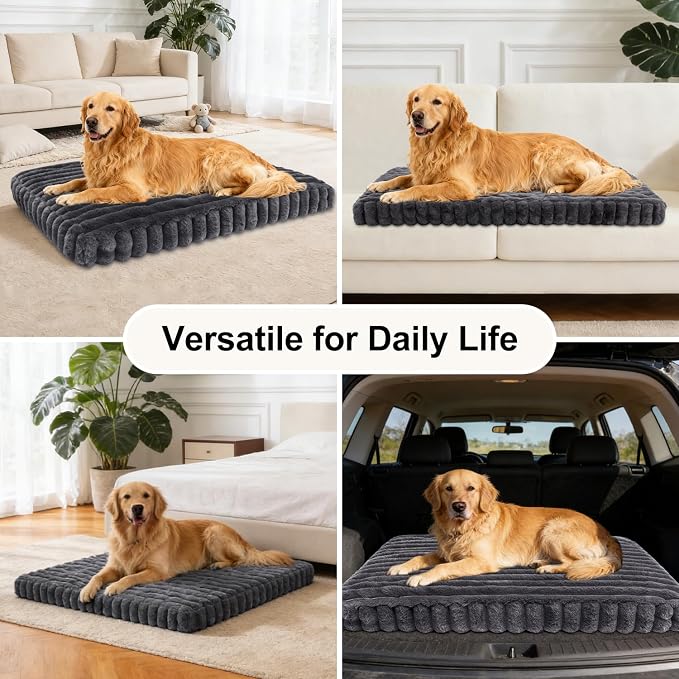 Dog Crate Bed Warm Grey 34.6"x22.8" for Medium Small Dogs | Flat Dog Crate Bed Waterproof for Large Meduim Dogs Pet Beds with Plush Removable Washable Cover Anti Slip Bottom for Indoor
