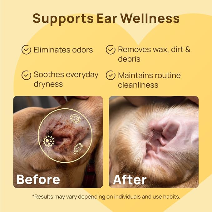 HICC PET Ear Cleaner Finger Wipes for Dogs & Cats, Clean Wax, Dirt & Odor, Soothing Itchy Ears, Gentle and Hypoallergenic Ear Cleaning Wipes for Daily Care((Honey Scent)