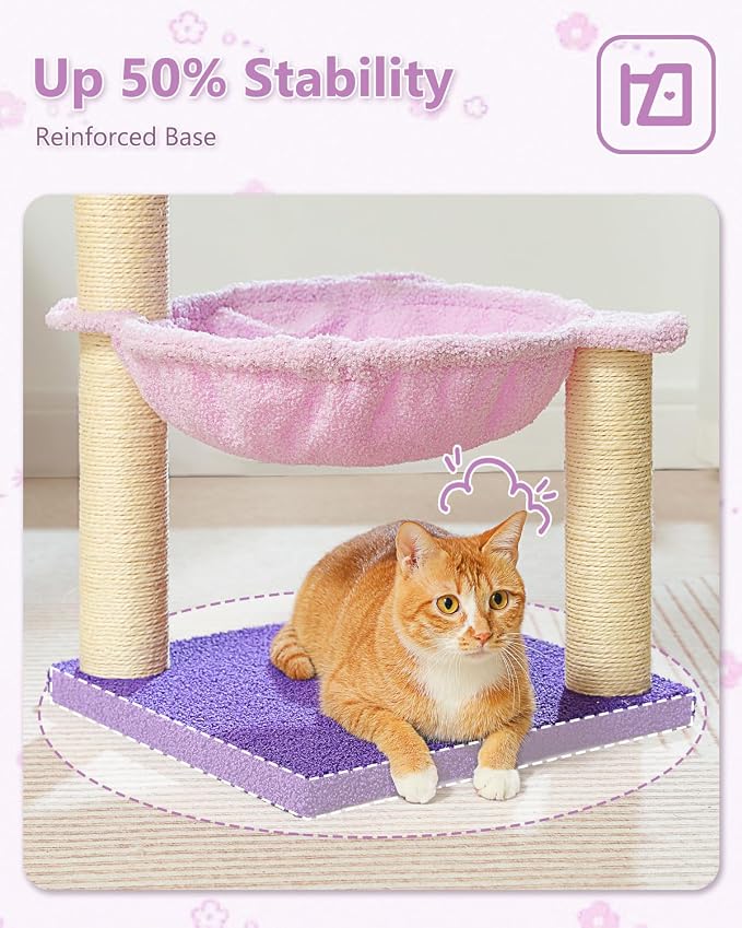 MUTTROS Flower Cat Scratching Post, 28" Cute Cat Tree Tower for Indoor Cats with Large Hammock Soft Perch Bed, Replaceable Toy Ball for Kittens, Purple