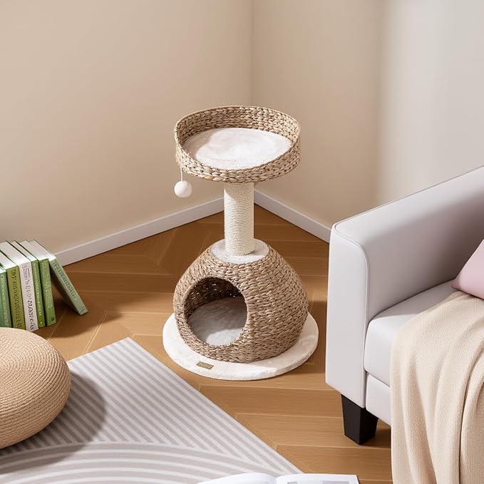 28-inch Modern Cat Tree, Small Cute Cat Tower Sisal Scratching Post, Hand-Made Wicker Condo and Top Perch, Interative Dangling Ball, Ideal for Indoor Cats