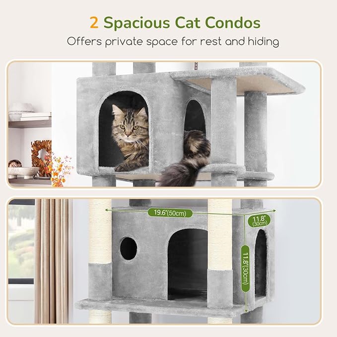 Globlazer F74B Cat Tree for Indoor Cats Large Adult, Multi-Cat, Light Grey | Easy Setup, 74in Tall Tower, Oversized Top Perch, 2 Large Condos, Hanging Basket, 5 Sisal Scratching Posts, Anti-Topple Strap
