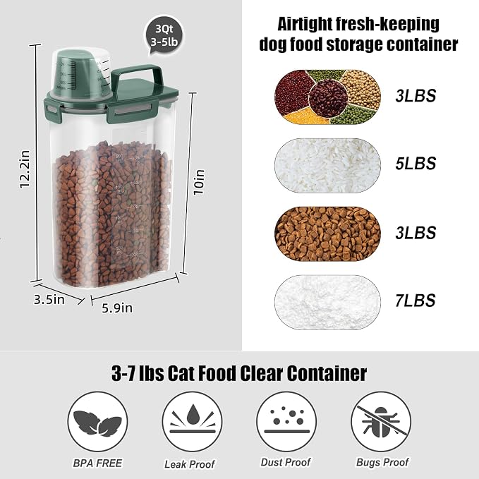 LEAWALK 3-5Lbs/3Qt Dog Cat Food Storage Container With Foldable Bowl, Plastic Pet Food Dispenser for Small Animal Kibble/Pet Food/Bird Seed/Oatmeal/Rice/Flour/Brown Sugart/Cereals (Dark Green)