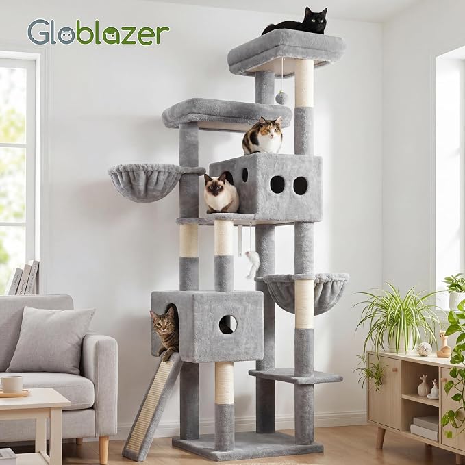 Globlazer Tall Cat Tower Extra Large Cat Tree House, S77D, Light Grey | 77 inch Cat Climbing Tower for Indoor Cats Large Adults with 5 Scratching Posts, 2 Cat Condos, 2 Platforms