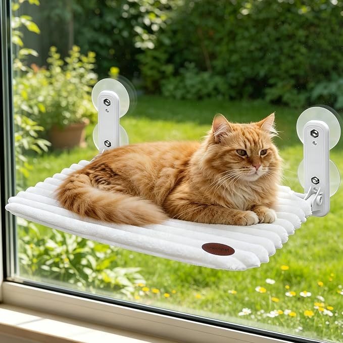 Cat Window Perch Bed,Foldable Kitty Windowsill Hammock Shelf Seat,Kitten Window Sill Lounger with Soft Rabbit Fur Cover Cushion Machine Washable,Solid Metal Frame and Strong Suction Cups