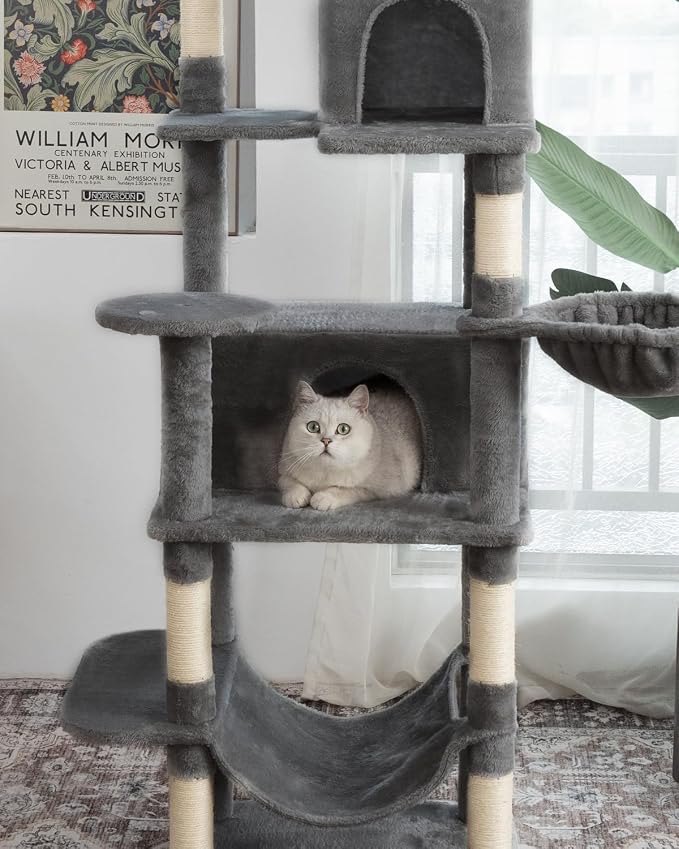 Multi-Level Cat Tree,69 Inches Tall Cat Tower with 2 Plush Condos,Hammock and Plush Perch, Scratching Posts and Pompoms,Gray Cat House for Indoor Cats