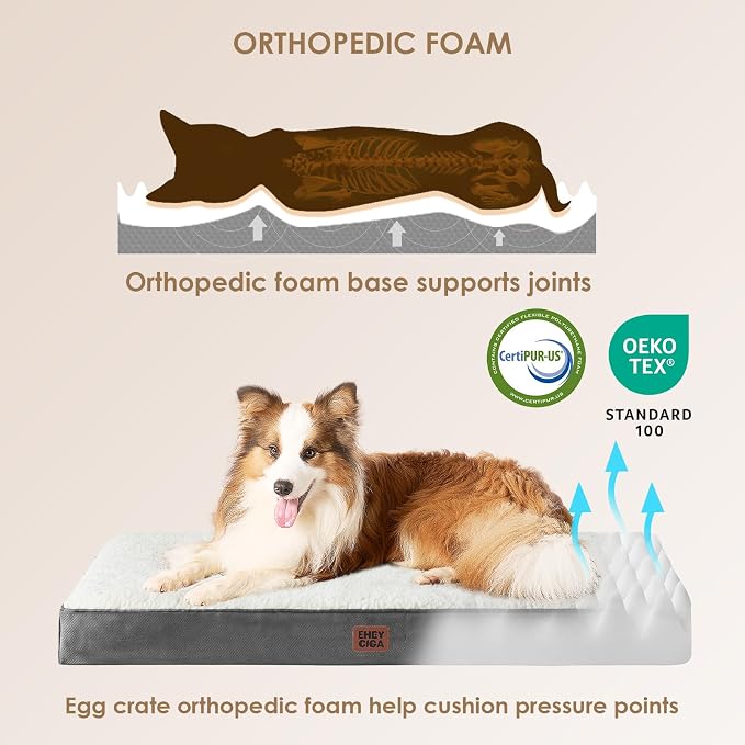 EHEYCIGA Orthopedic Dog Bed Large with Removable Washable Cover, 50IN Beige | Egg Crate Foam Support, Durable Oxford fabric, Non-Slip Bottom, Machine Washable, Soft Waterproof Plush Pet Bed Mat For Crate