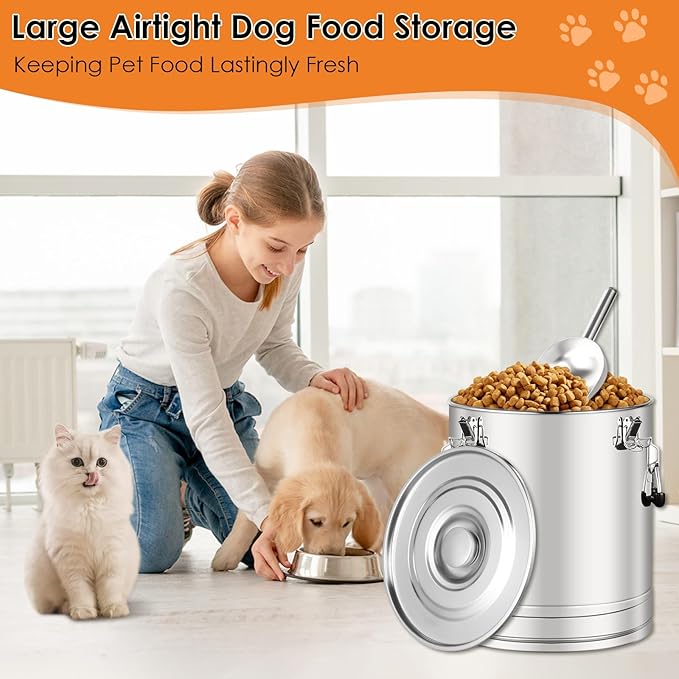 Stainless Steel Dog Food Storage Container,30LB/35LB Airtight Dog Food Storage Container with Lid to Keep Fresh,Easy Clean Large Pet Food Storage Container with Scoop for Cat Food,Chicken Feed,Rice