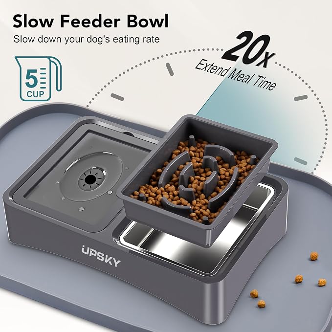 UPSKY 3-in-1 Elevated Dog Bowls Set with 4 Height Adjustable Stand and Mat | 304 Stainless Steel Bowl, No Spill Water Bowl, Slow Food Bowl, Anti-Slip, Dishwasher Safe, Suitable for Small Medium Dogs