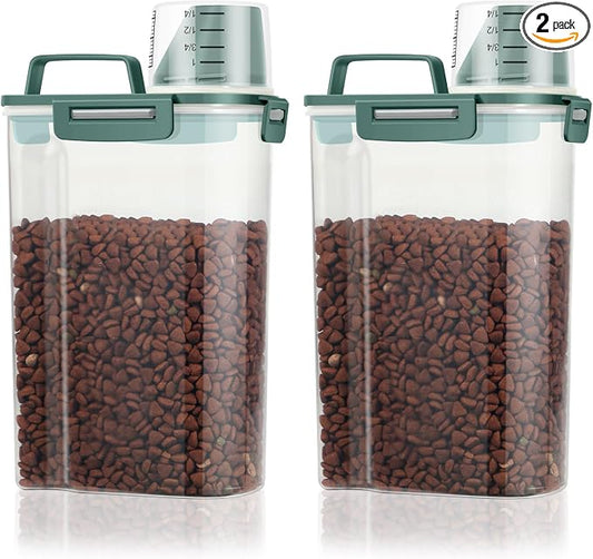 TBMax Small Dog Cat Food Storage Containers 2 Pack, Travel-Friendly Pet Food Container with Spout & Measuring Cup, Portable Pet Feeding Dispenser, Bird Seed Container-Dark Green