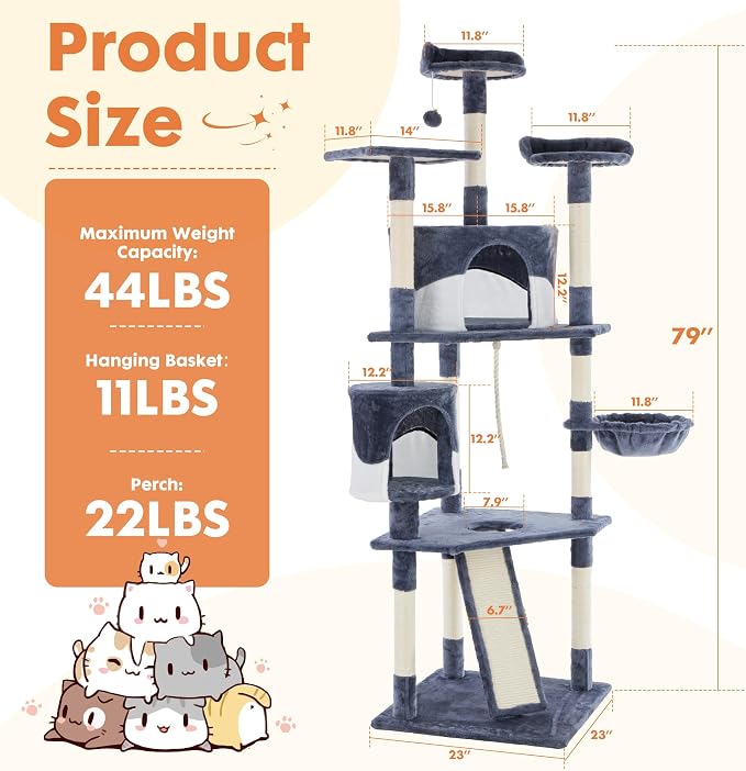 DUMOS Tall 79in Cat Tree Tower with Scratching Posts, Indoor Cats Use | Large Multi Level Cats Climbing Tower with Condo, Extended Platform, Basket, Pet Tree House for Cats Play, Dark Grey