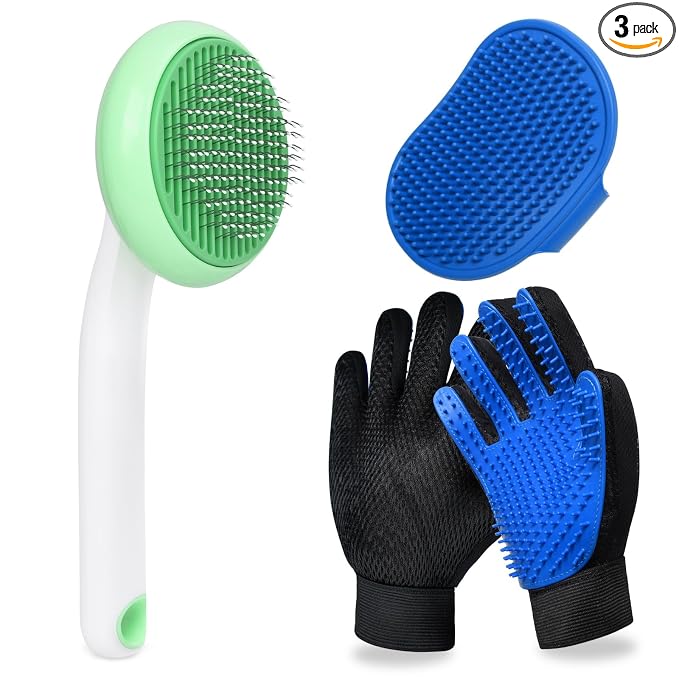 Cat Grooming Glove Brush, Self-Cleaning Slicker Pet Brush | Self-Cleaning Dog Bath Brush for Shedding and Grooming, Removes Loose Hair and Tangles for Short and Long Haired Pets, Green
