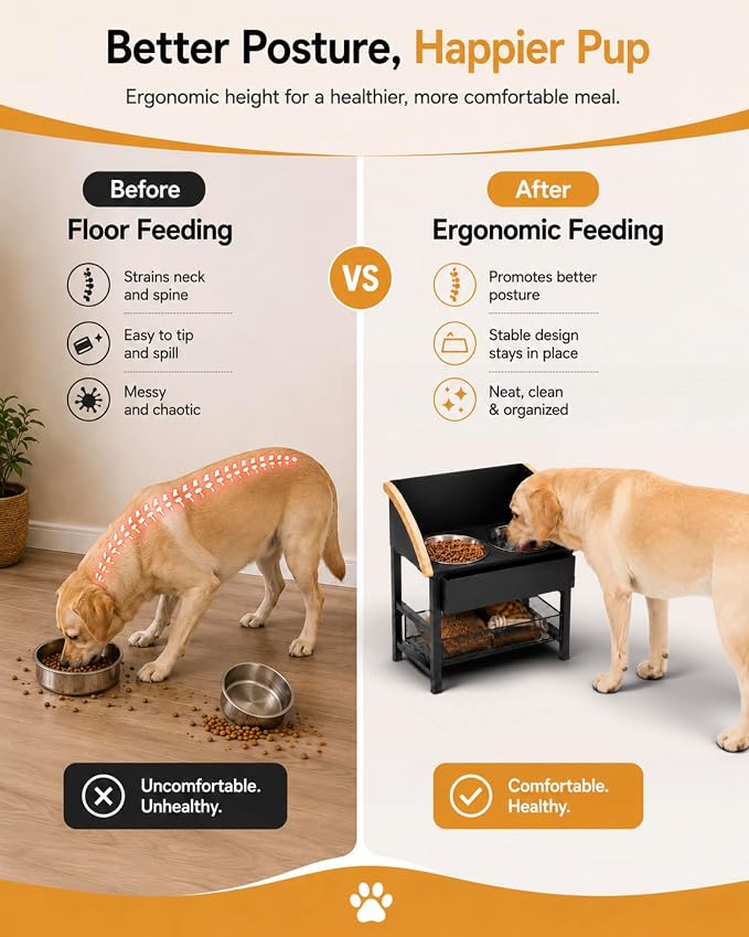 Elevated Dog Bowls for Large Breed Dogs with Storage Basket, 13 Inch Tilted Raised Dog Bowl Stand with Stainless Steel Bowls, Metal Dog Feeding Station