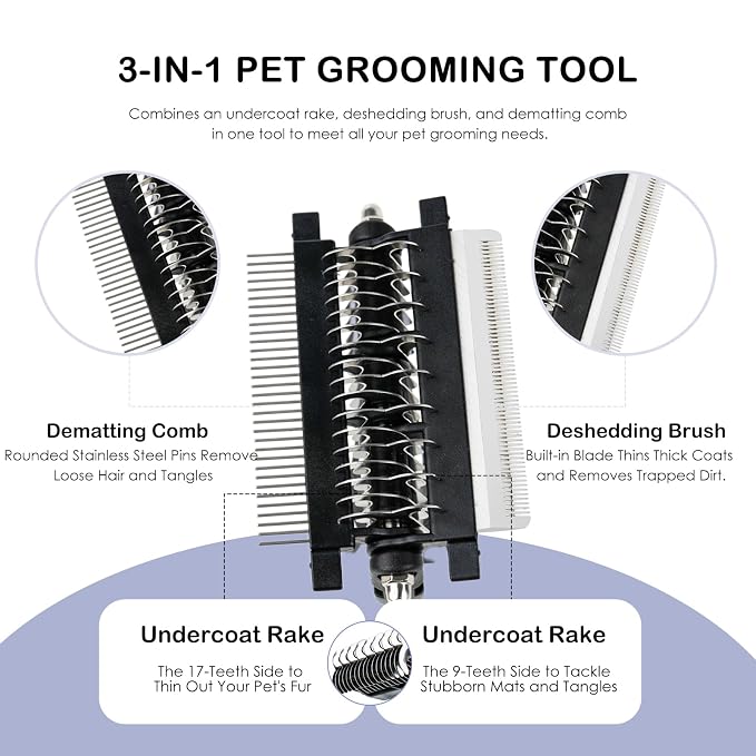 3-IN-1 Pet Deshedding and Grooming Brush Tool | Grooming Brush for Dogs and Cats with Undercoat Rake & Dematting Comb for Matted Fur Removal Long and Short Haired Dogs Cats