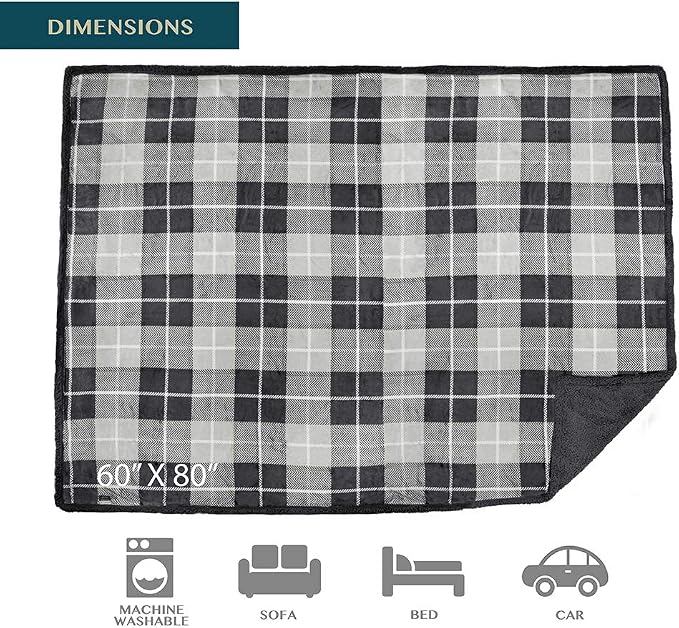 PAVILIA Waterproof Blanket for Couch, Sofa | Waterproof Dog Blanket for Large Dog, Puppy, Cat | Pet Blanket Protector | Plush Soft Warm Fuzzy Sherpa Blanket Bed Throw, Plaid Grey, 60x80