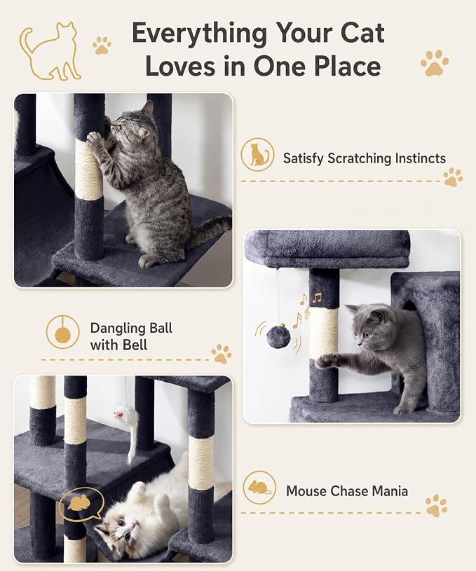 Cat Tower, 71 Inch Heavy Duty Cat Tree for Large Cats | Tall Cat Tree Tower with Extended Base, 2 Condos, 3 Perches, 9 Sisal Posts & Hammock for Indoor Adult Cats, Dark Grey