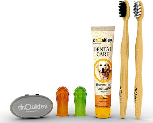 Dr. Oakley Dental Toothbrush Kit for Dogs & Cats -Finger Brush for Small Pets and Soft brushes for Large or Older Natural and Safe Peanut Butter Flavor -